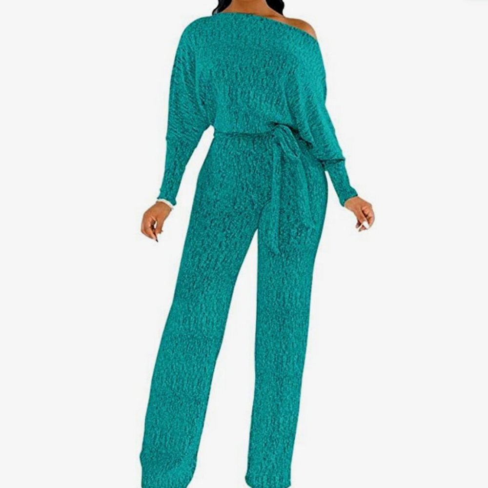 Sexy Cyan Sparkly Jumpsuit for Women Elegant Casual One Shoulder Wide Leg Pants